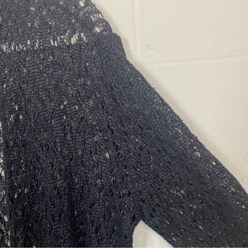 Eileen Fisher Open Front Crochet Cardigan‎ Linen Blend Blue Metallic Bohemian M - Picture 5 of 14